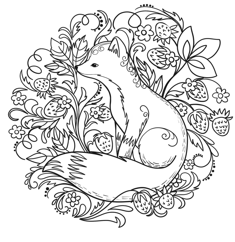 Fox in strawberry tree Coloring Page