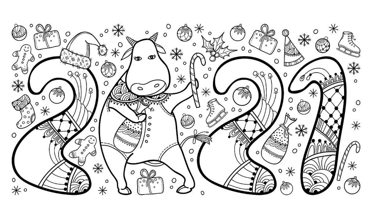 2021 New Year Bull Coloring Page