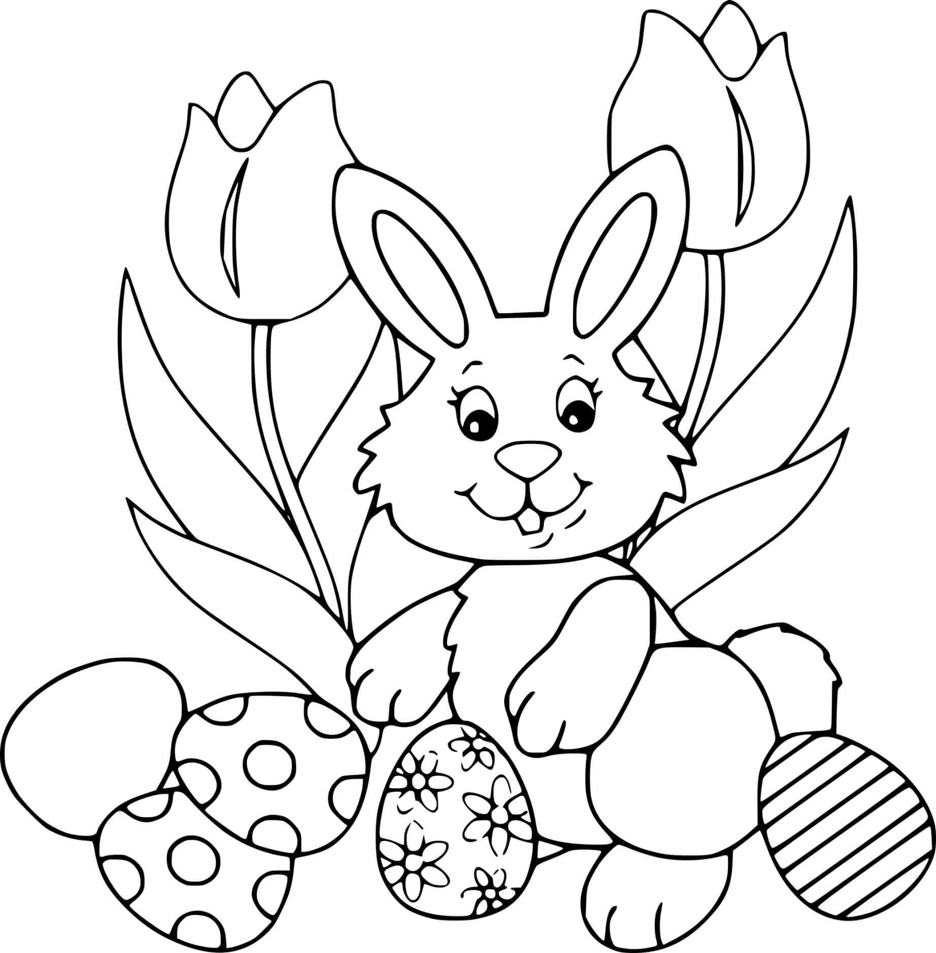 Bunny With Flowers And Eggs Coloring Page