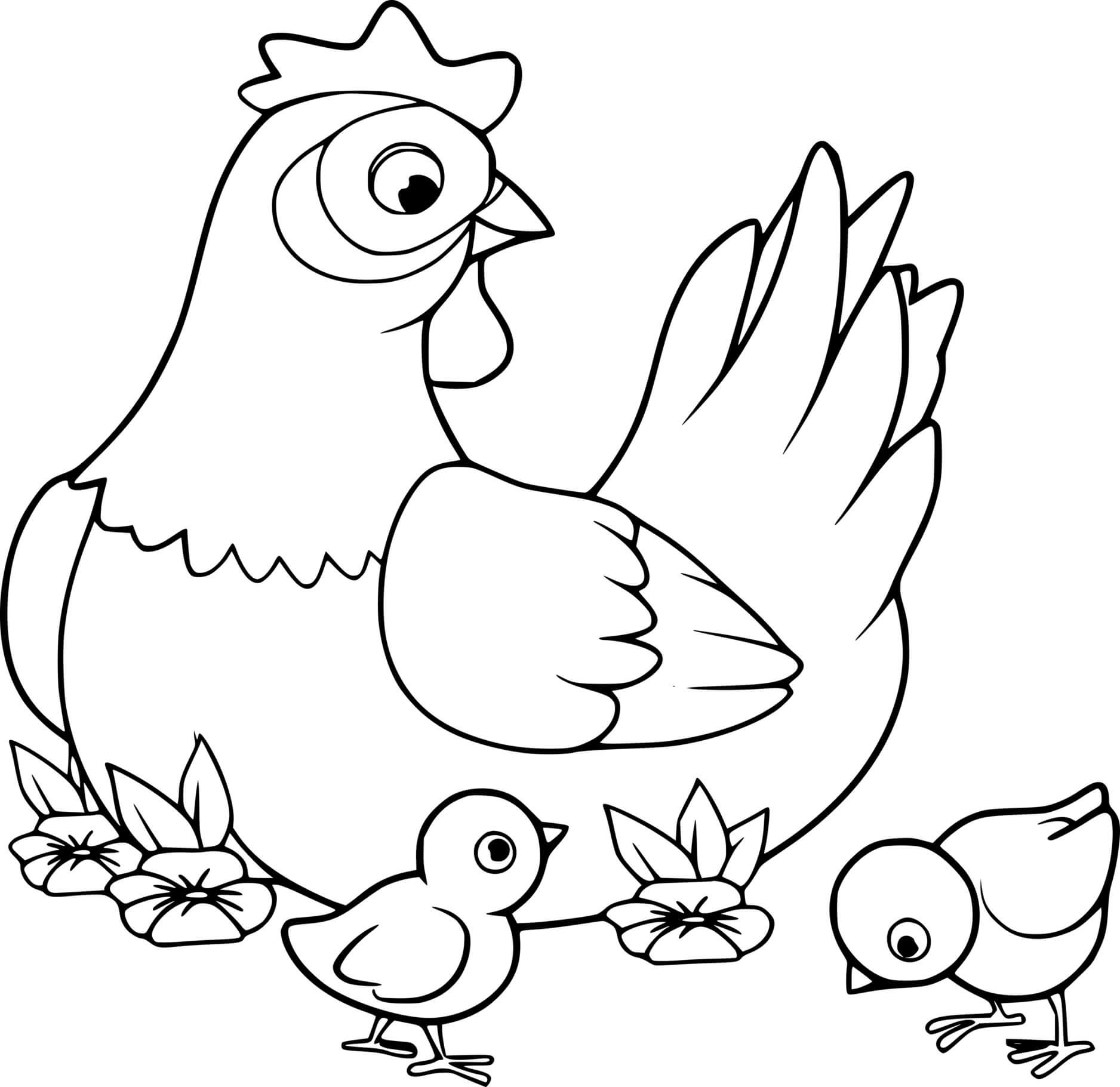 Cartoon Hen And Two Chicks Coloring Page