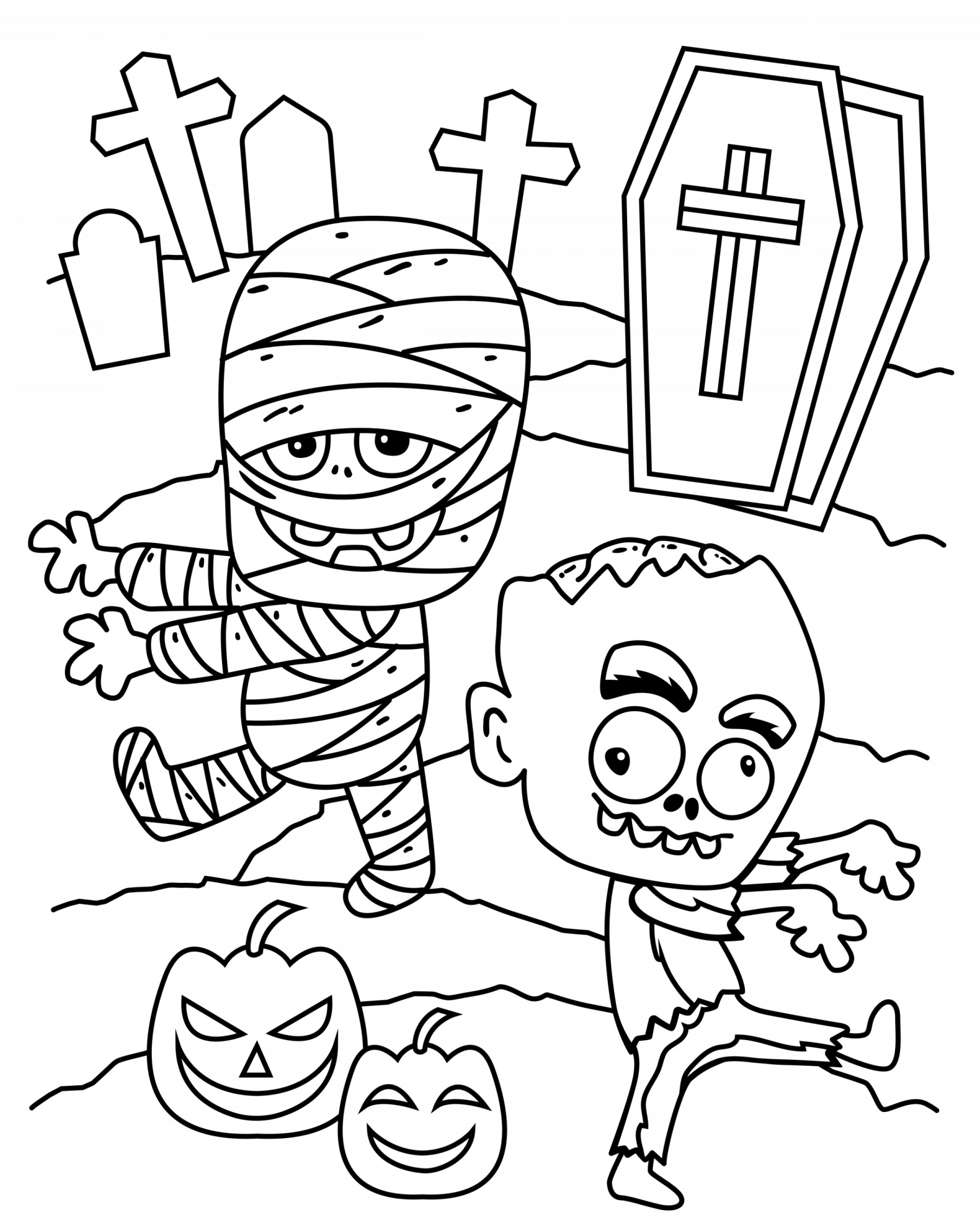 Cemetery Halloween With Monsters Coloring Page