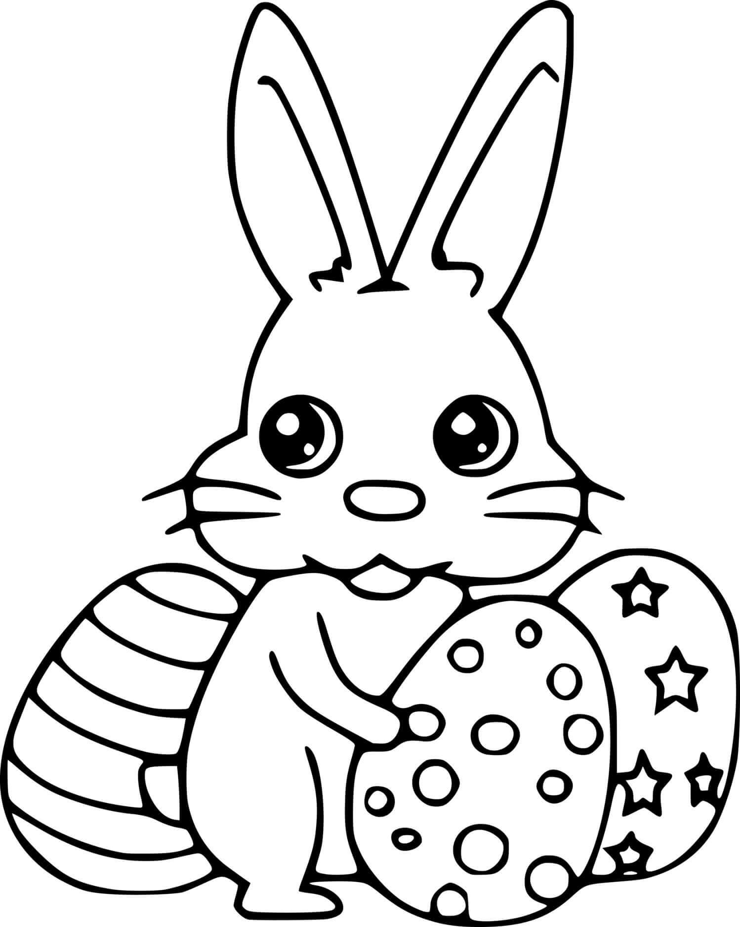 Cute Easter Bunny And Three Eggs Coloring Page