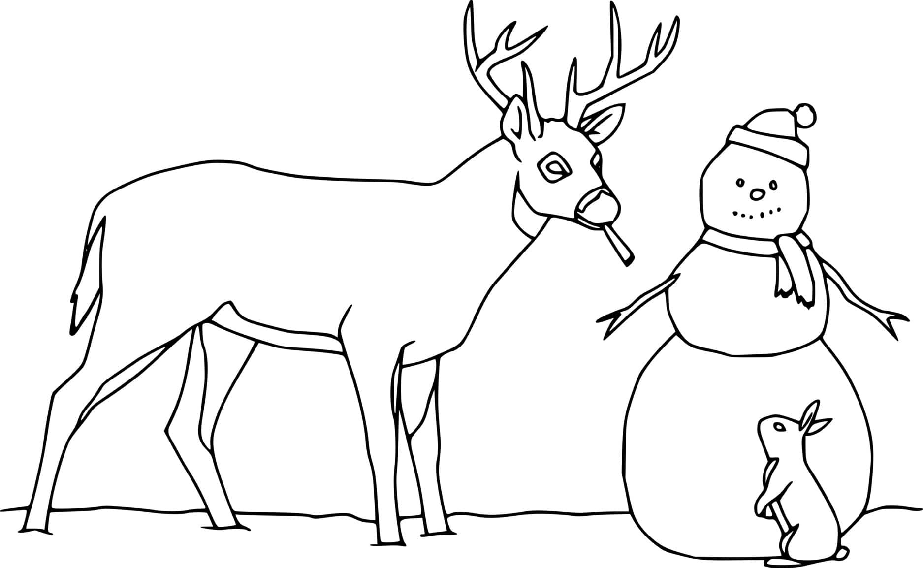 Deer And A Snowman Coloring Page