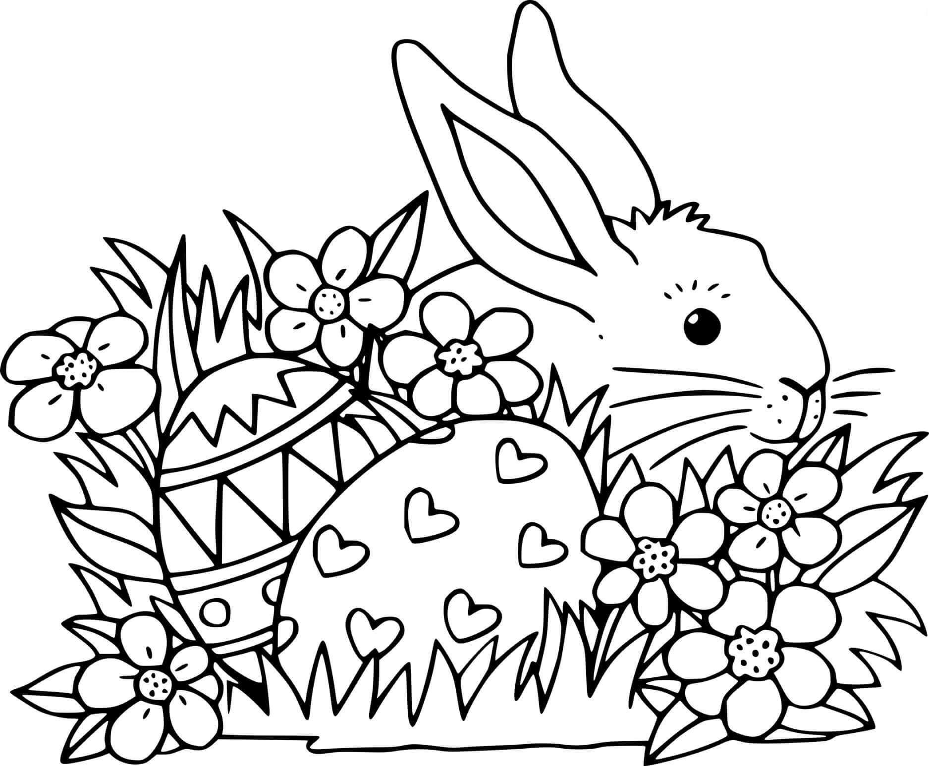 Easter Bunny Hides In The Grass Coloring Page