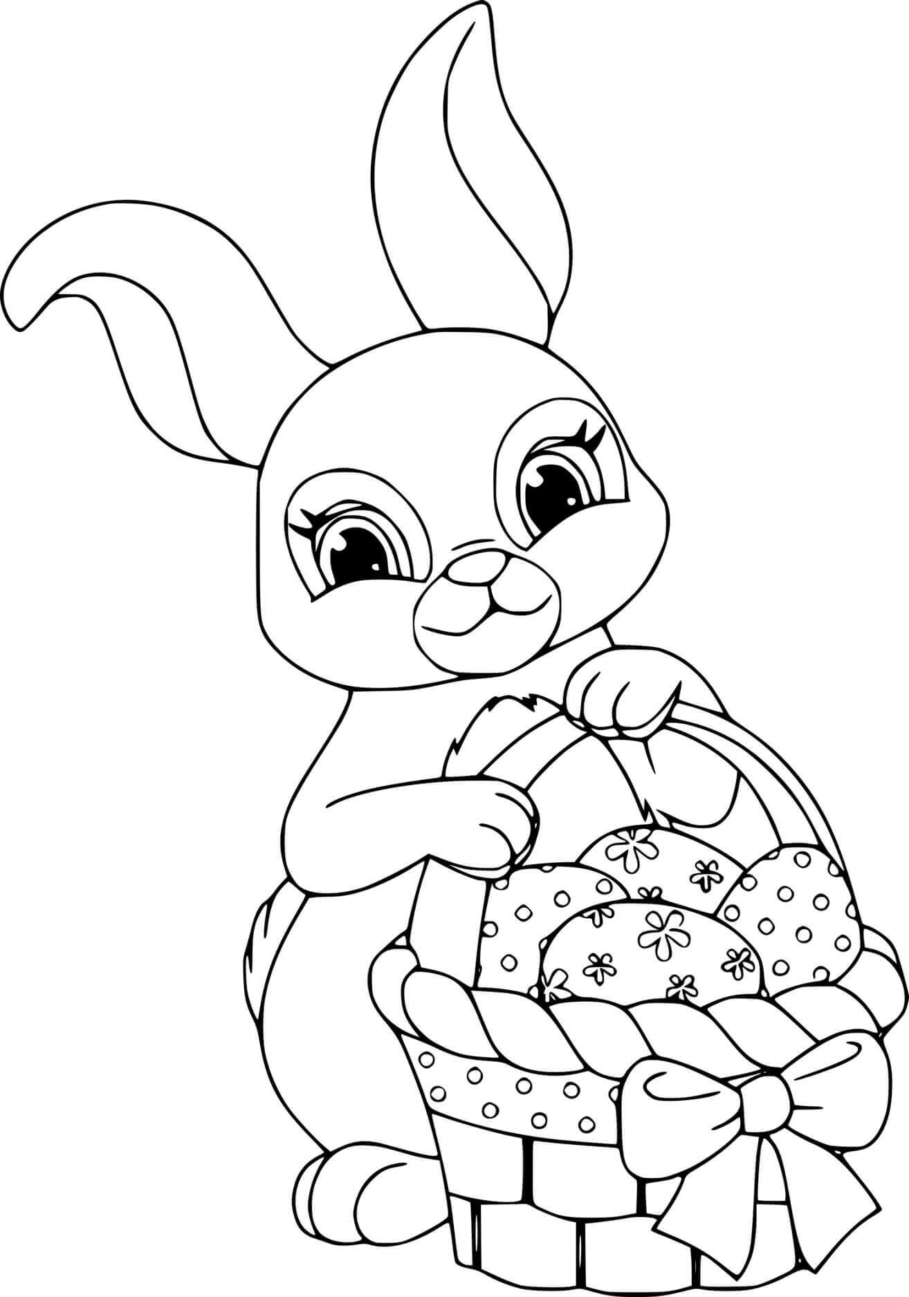 Easter Bunny Holds A Basket With Four Eggs