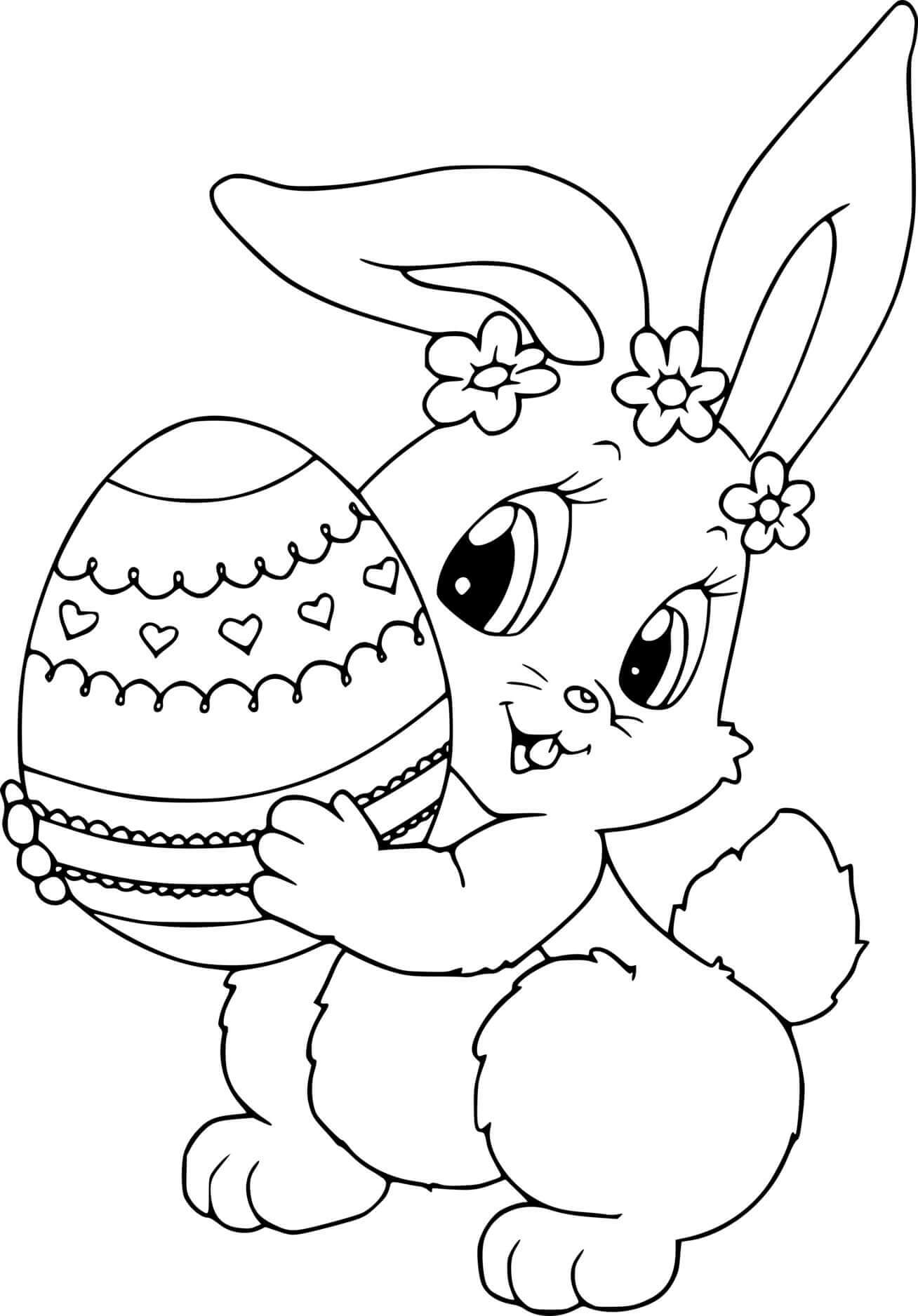 Easter Bunny With Flowers On Her Head Coloring Page