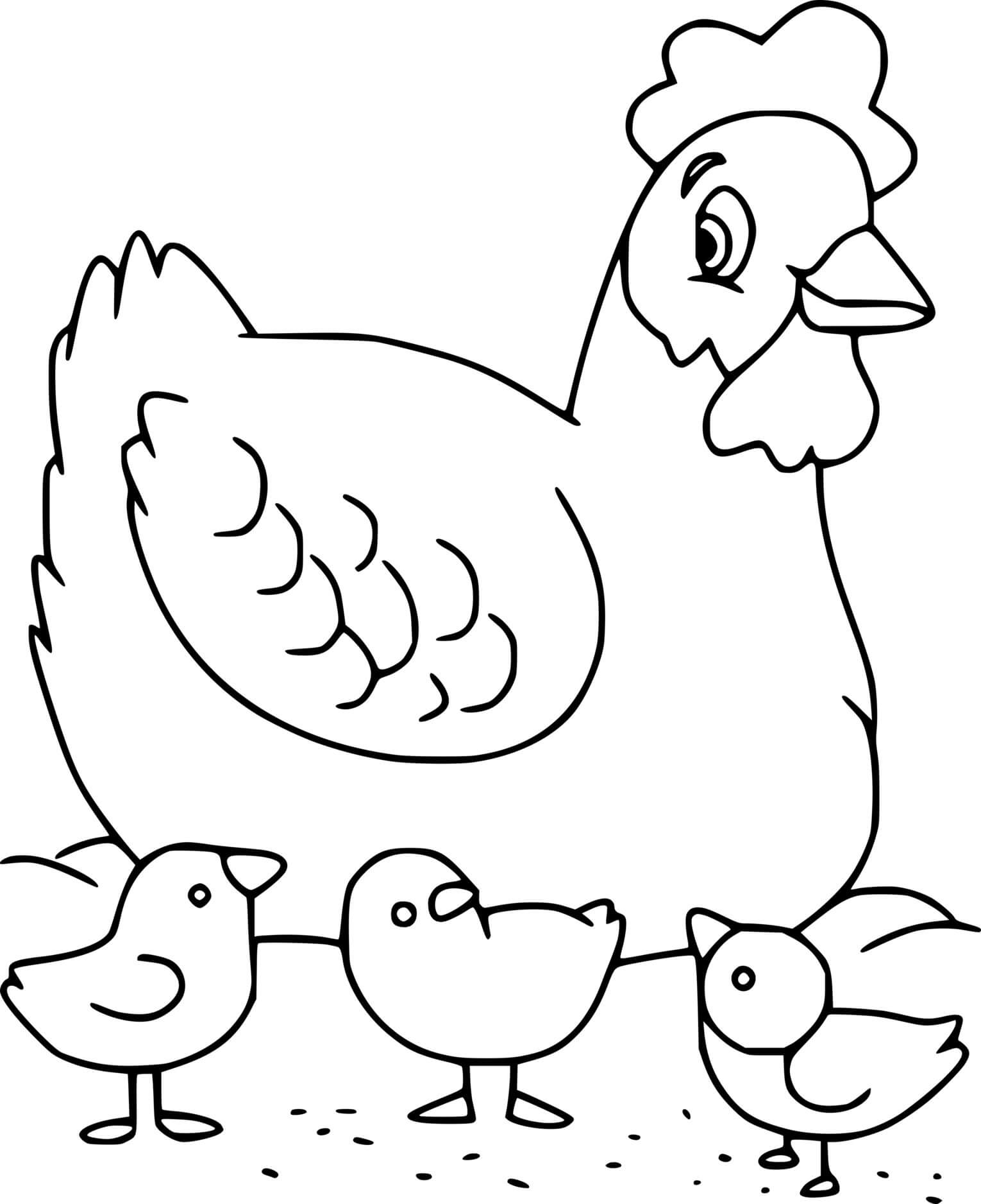 Easy Hen And Three Chicks Coloring Page