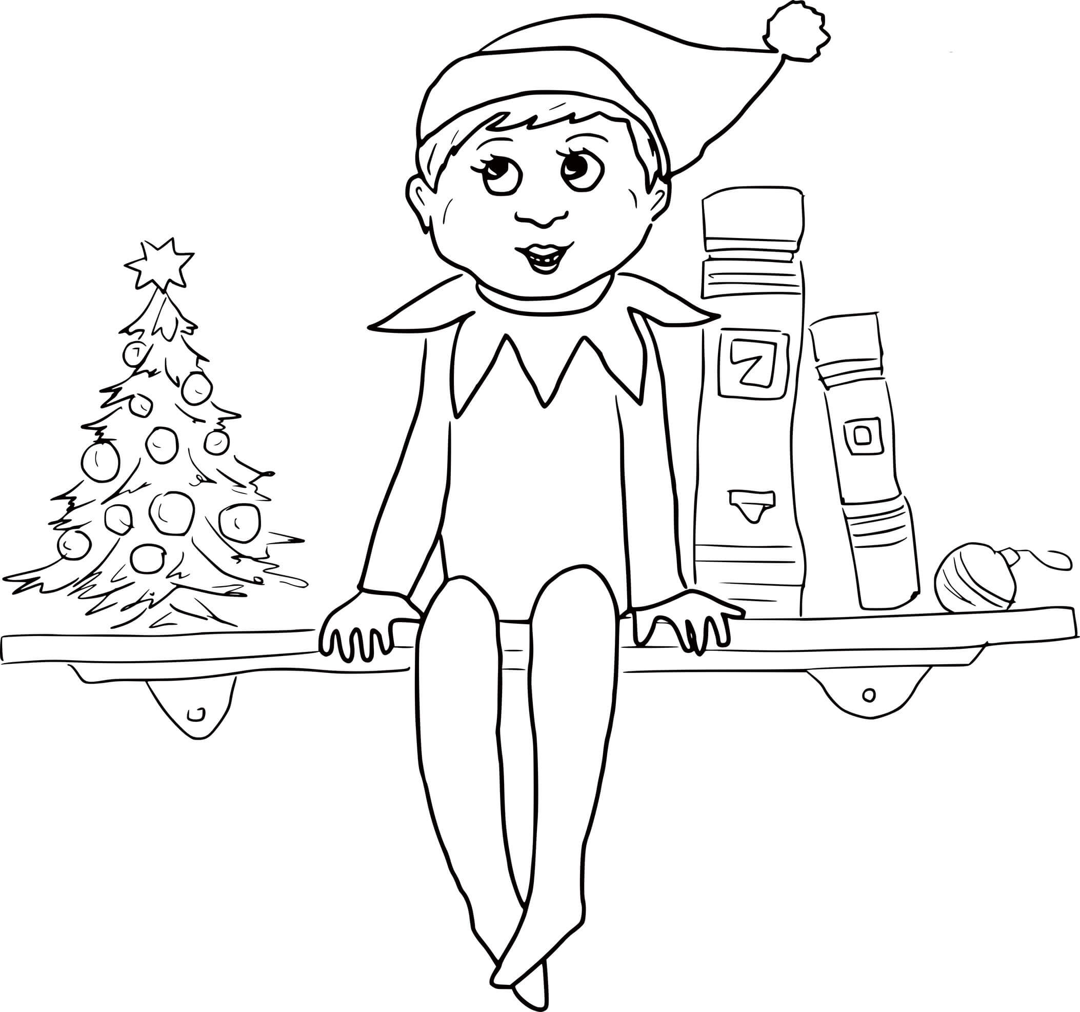 Elf On The Shelf With A Christmas Tree Coloring Page