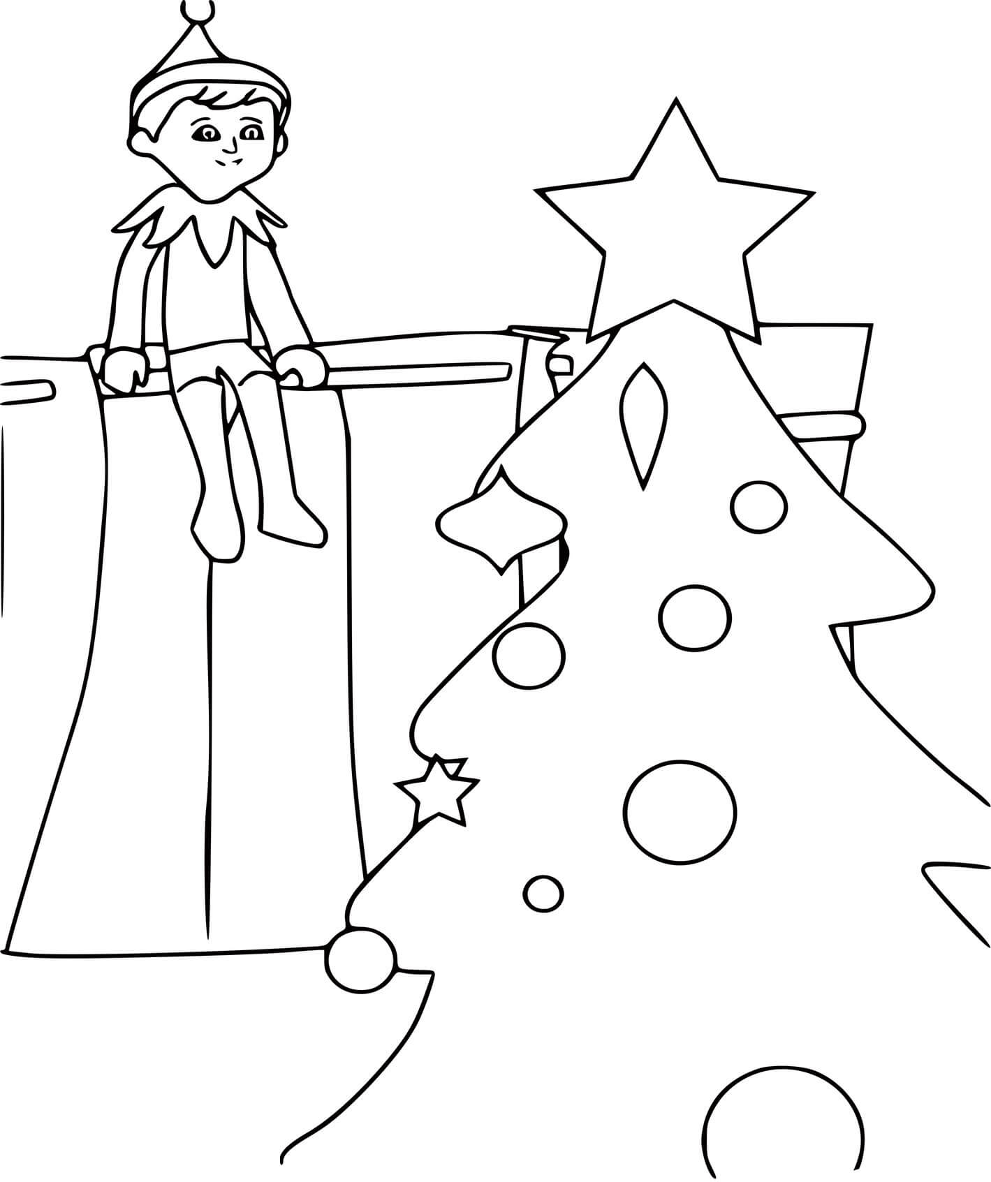 Elf On The Shelf With A Big Christmas Tree Coloring Page