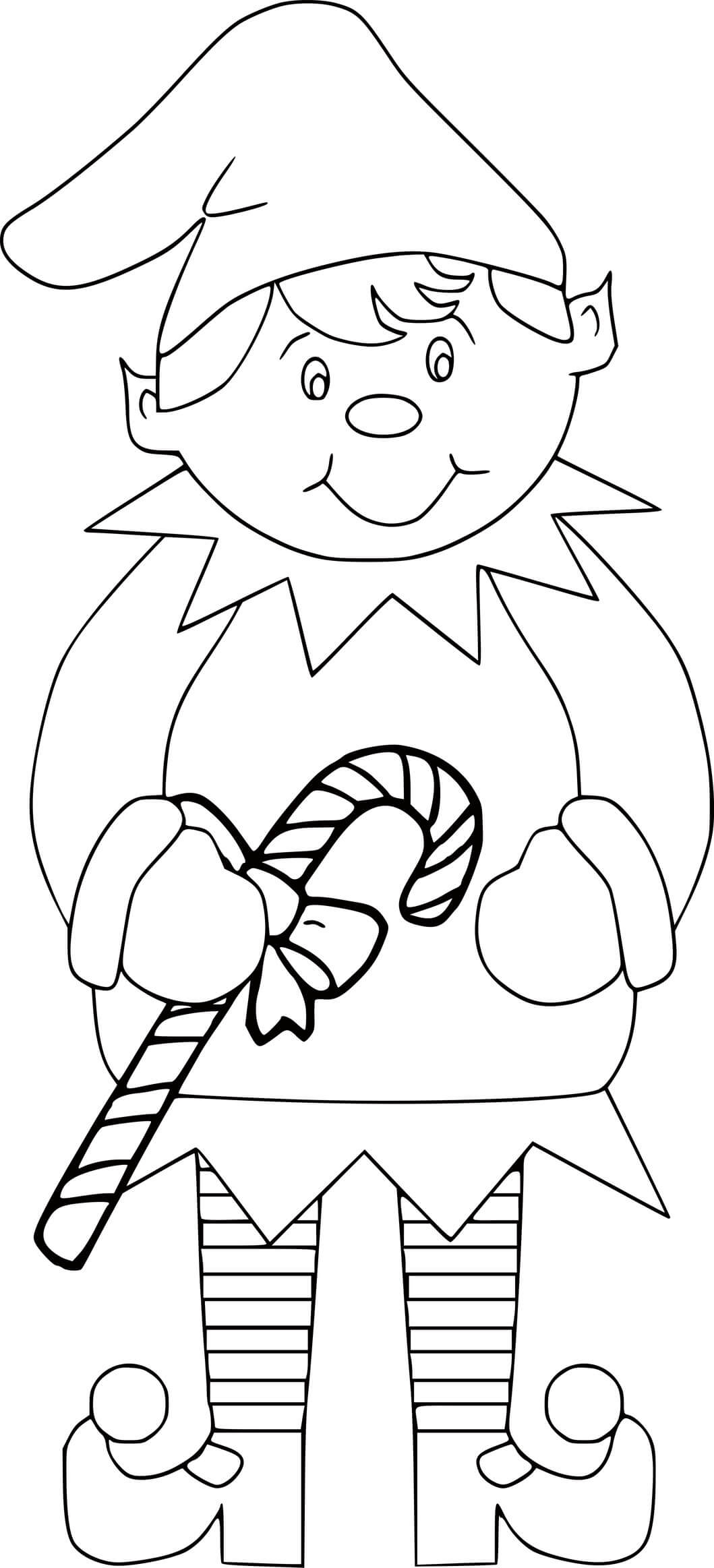 Fat Elf Holds A Candy Cane Coloring Page