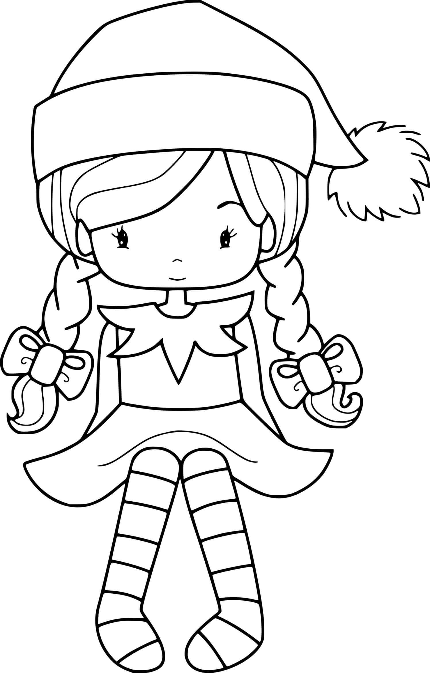 Girl Elf Sits Down Coloring Page