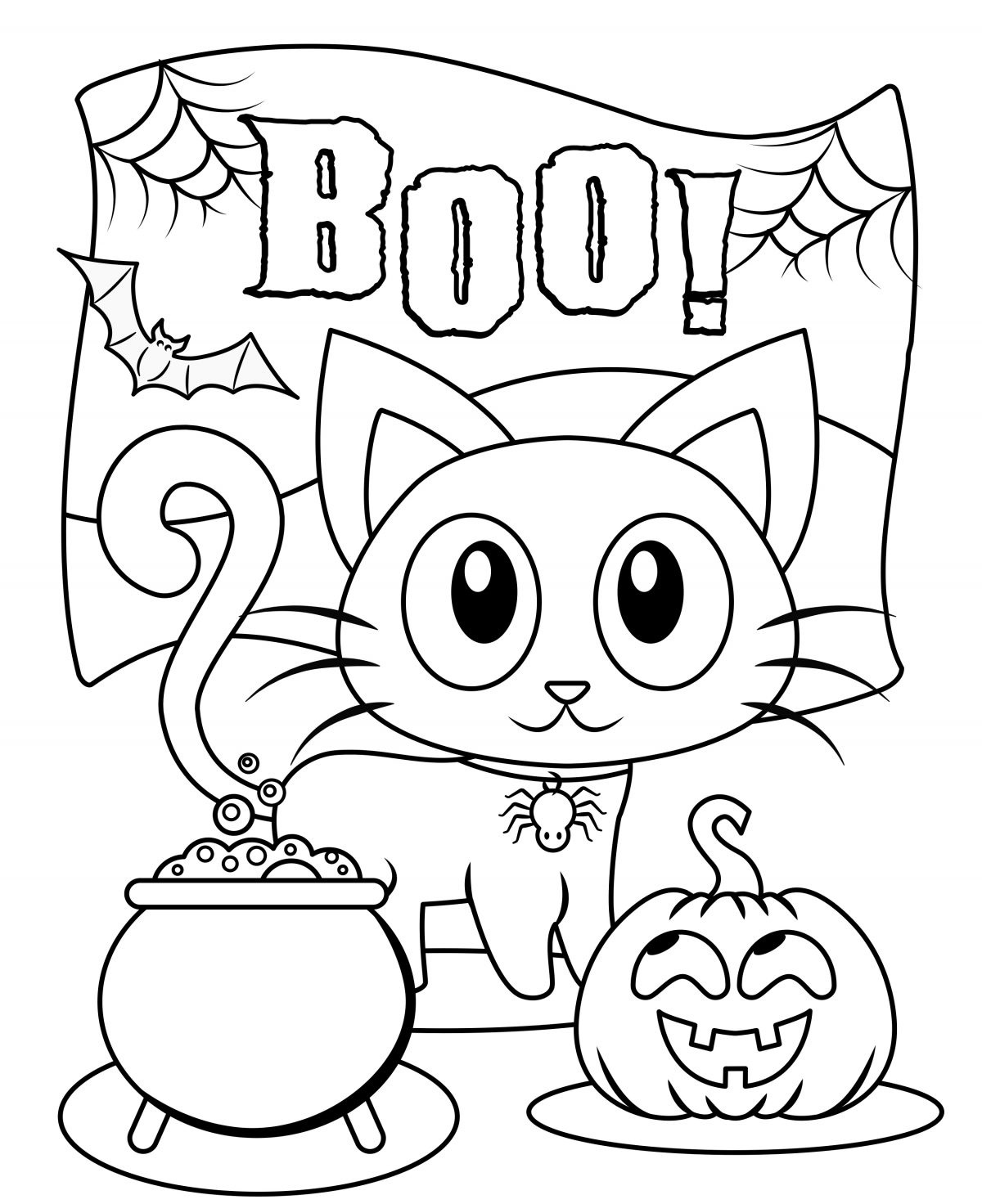 Halloween Boo Cat Cute Kids Coloring Page