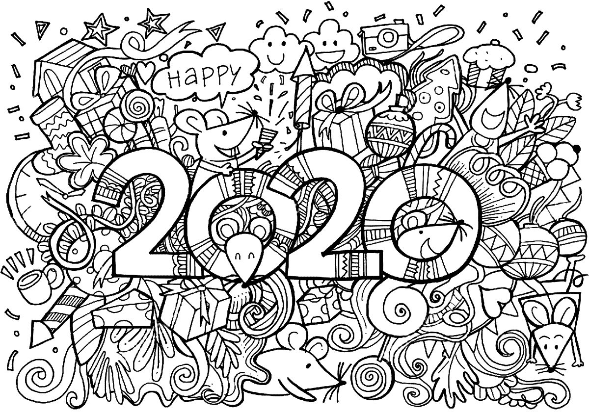 Happy New Year 2020 With Mouse Coloring Page