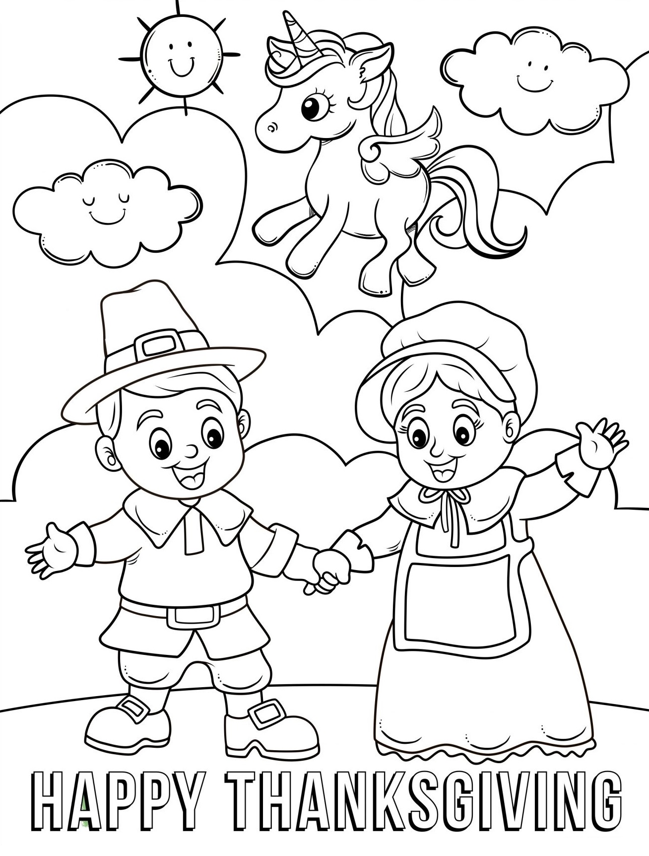Happy Thanksgiving Unicorn And Pilgrims Coloring Page