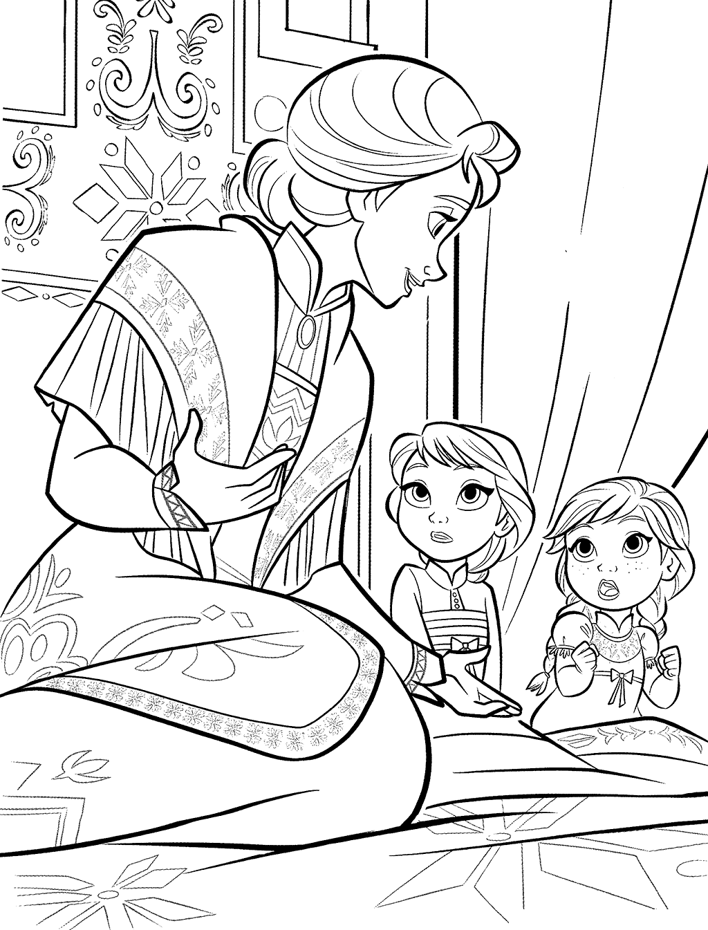 Little Anna And Elsa With Mother Coloring Page