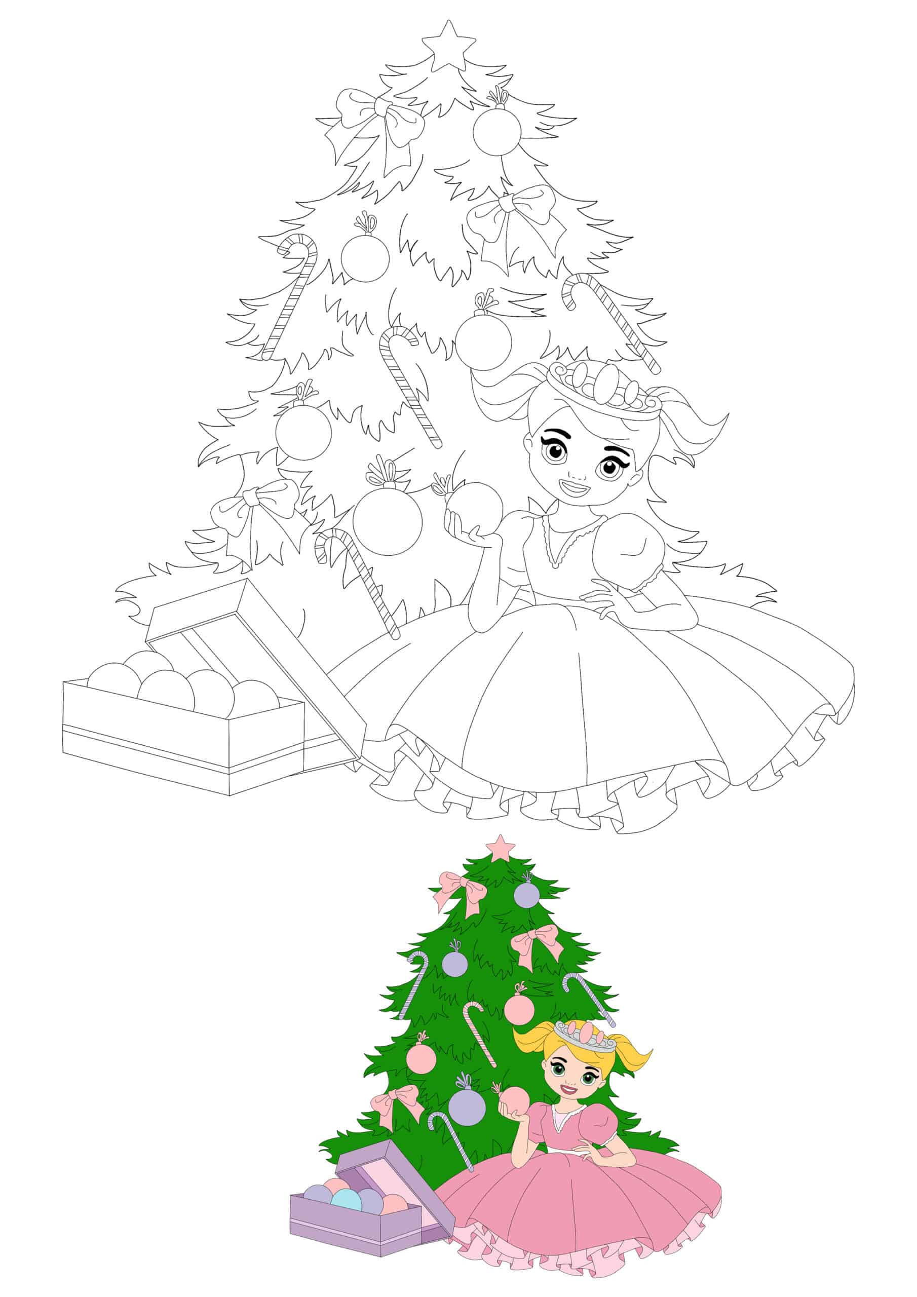 Little Princess Decorating Christmas Tree Coloring Page