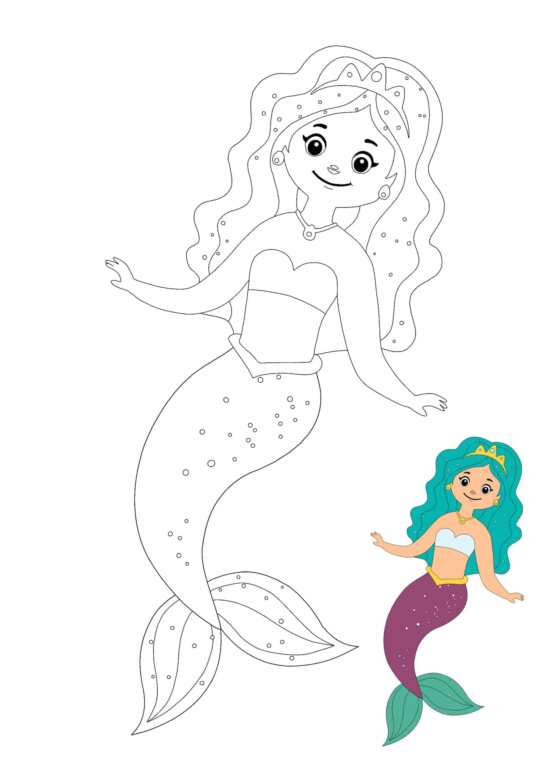 Mermaid Princess With Crown Coloring Page