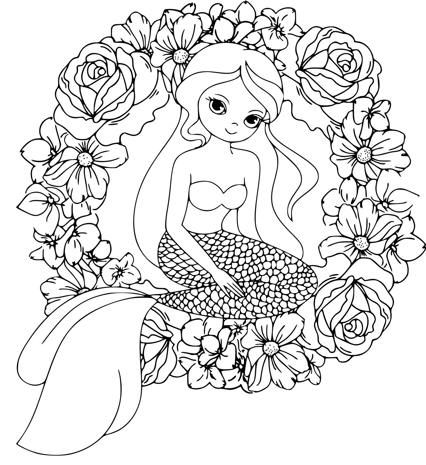 Mermaid And Wreath Flowers Mandala