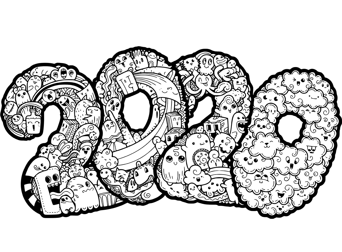 New Year 2020 Doodle Coloring Page