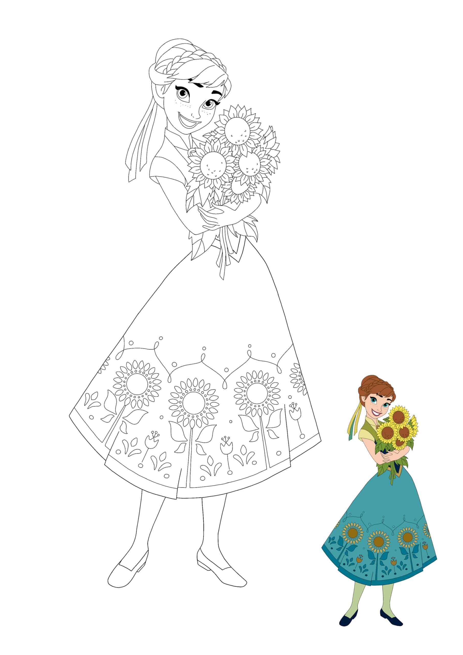 Princess Anna With Sunflowers Coloring Page