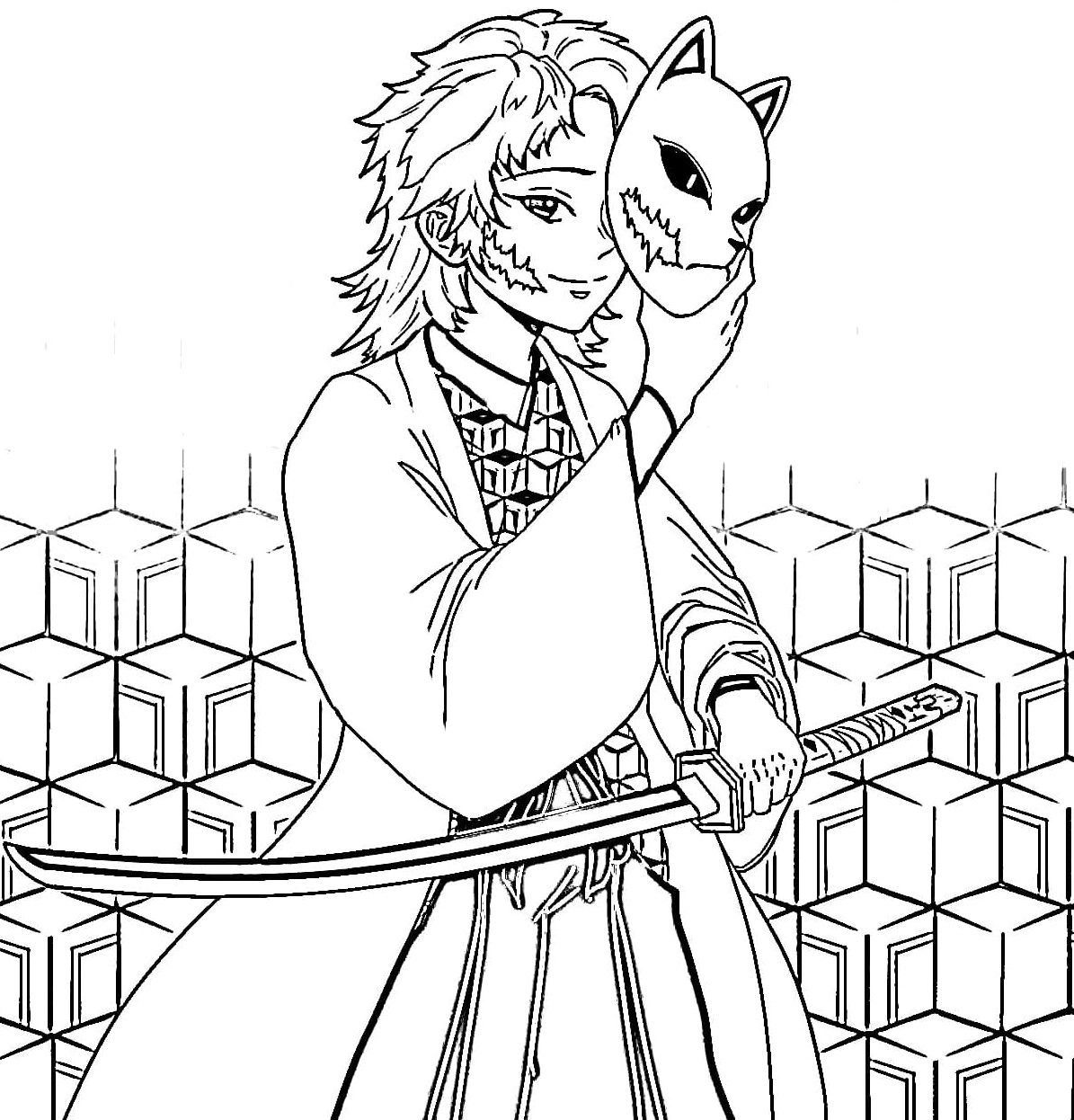 Sabito With Mask Demon Slayer Coloring Pages   Coloring Cool