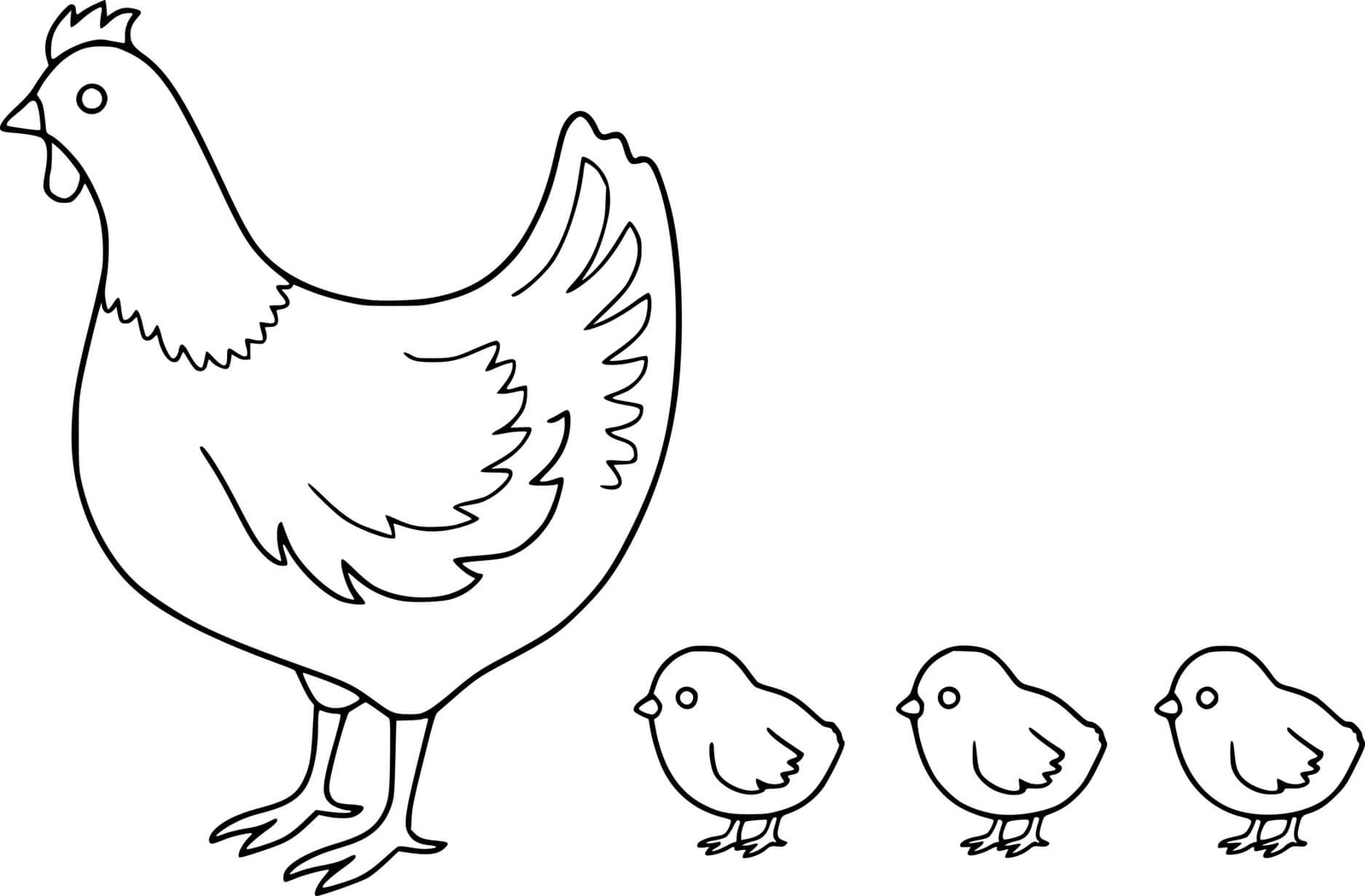 Simple Hen And Three Chicks Coloring Page