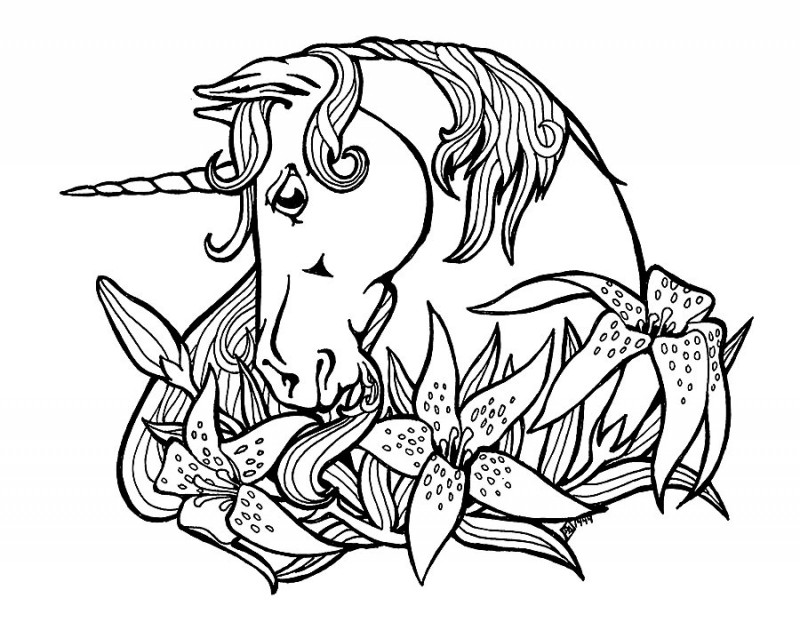 Sweet Outline Unicorn And Lily Flowers Tattoo Design Coloring Page