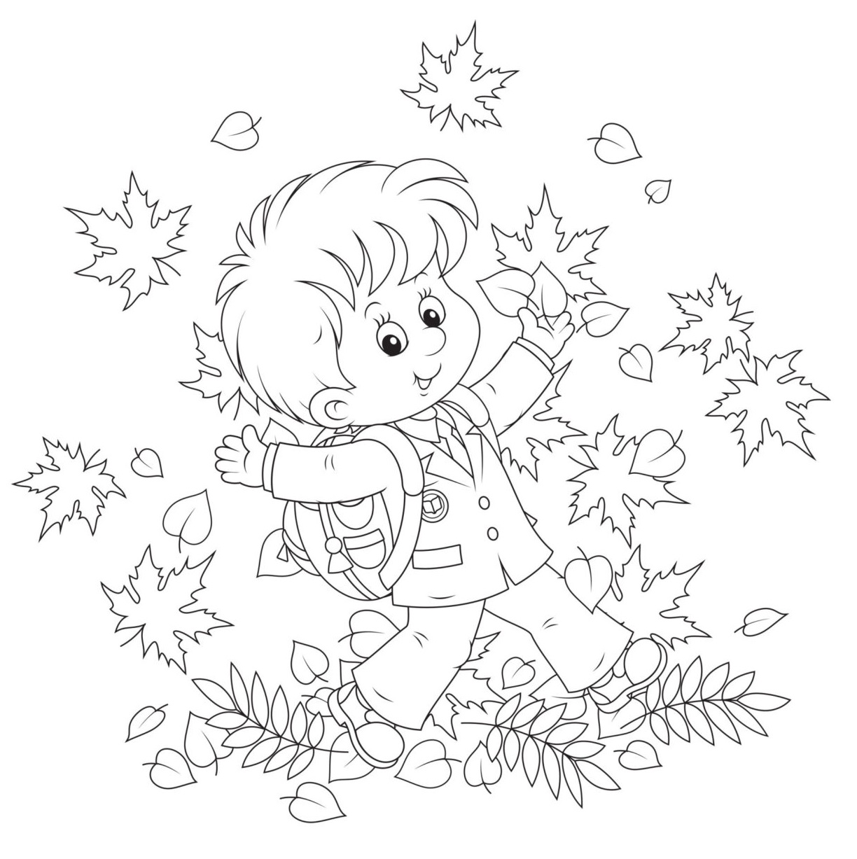 Thanksgiving Holiday Boy In Leaves Coloring Page