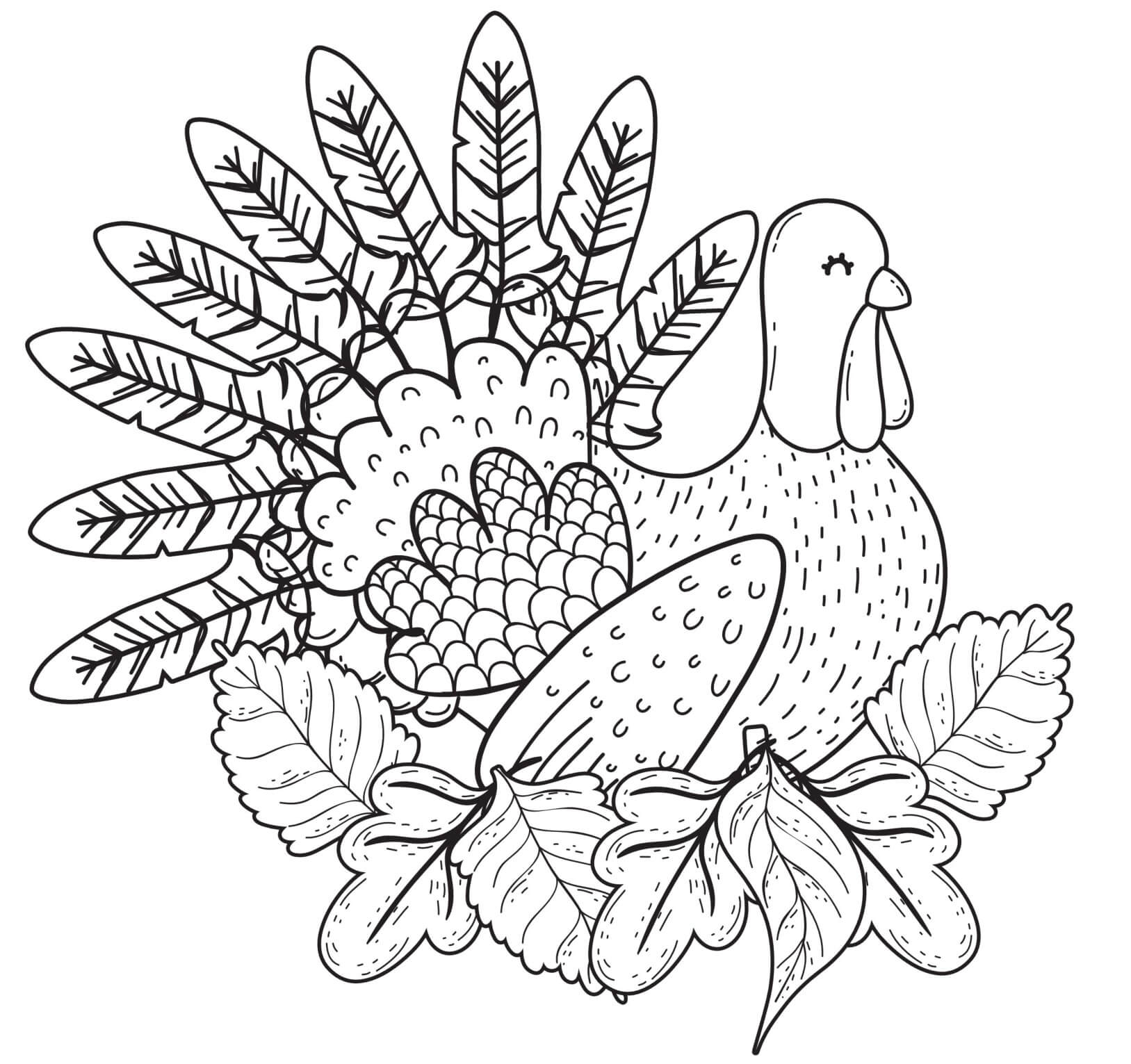Turkey Sitting In Fall Leaves Coloring Page