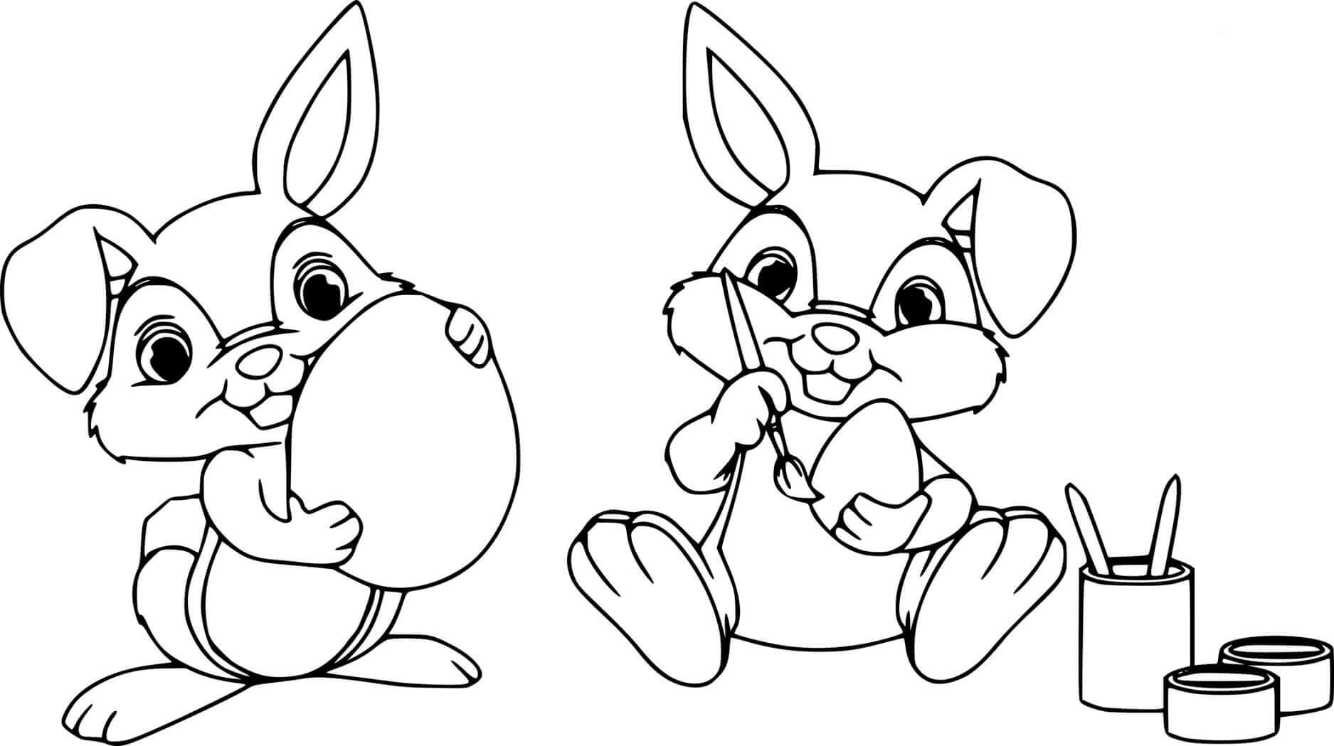 Two Bunnies Drawing Easter Eggs Coloring Page