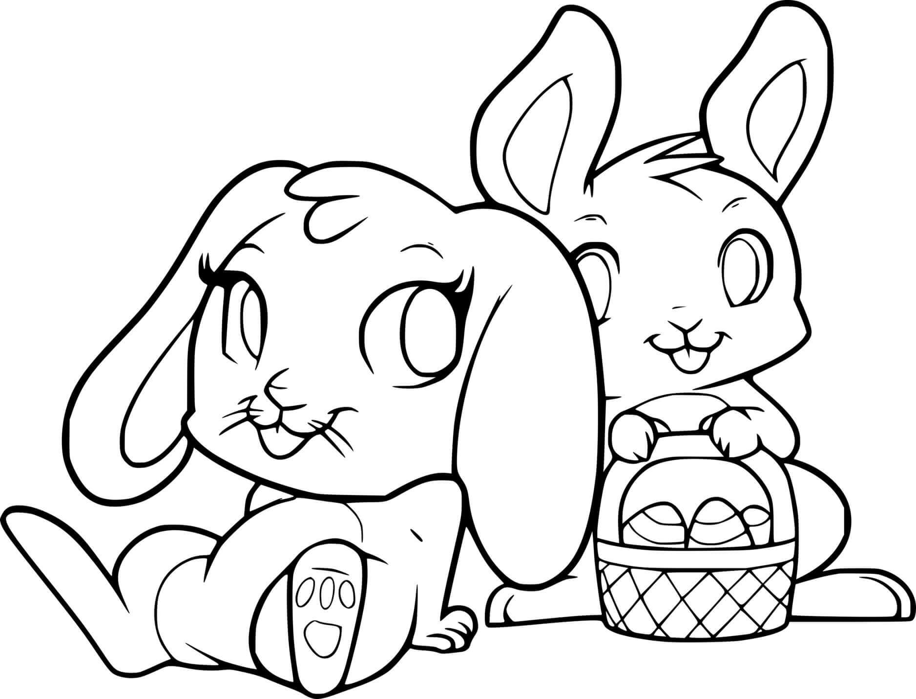 Two Cute Easter Bunnies And A Basket Coloring Page