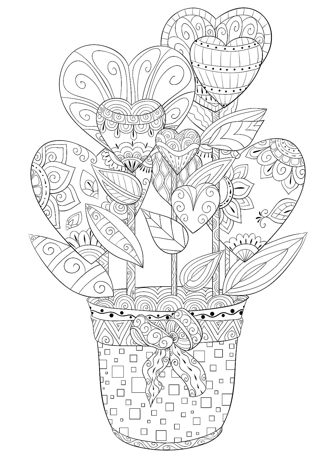 Valentines Day Hearts Flowers For Adult Coloring Page