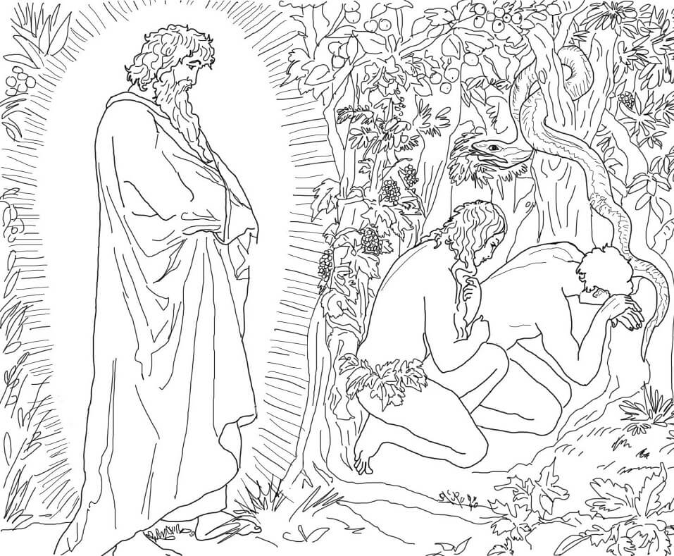 Adam and Eve Flee from the Presence of God Coloring Page