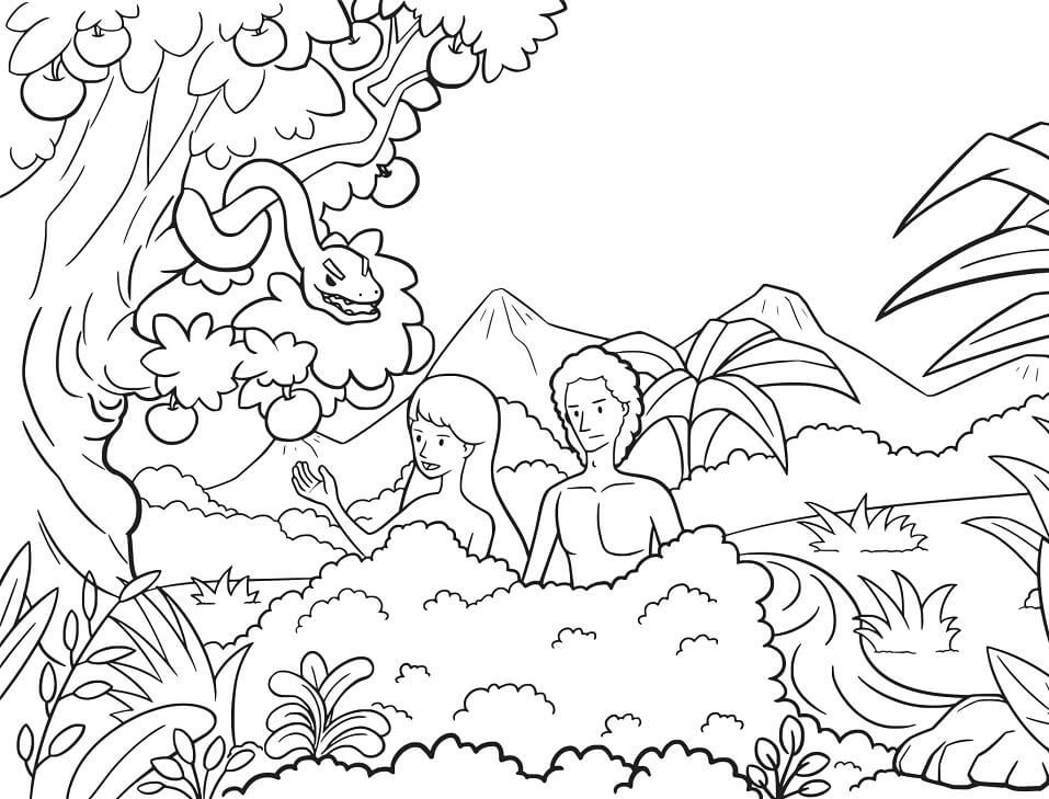 Adam and Eve Tempted by the Serpent Coloring Page