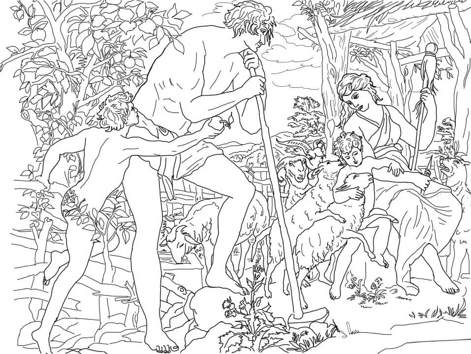 Adam and Eve with Cain and Abel Coloring Page