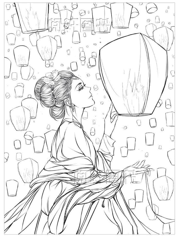 Aestheic Girl and Lanterns Coloring Page