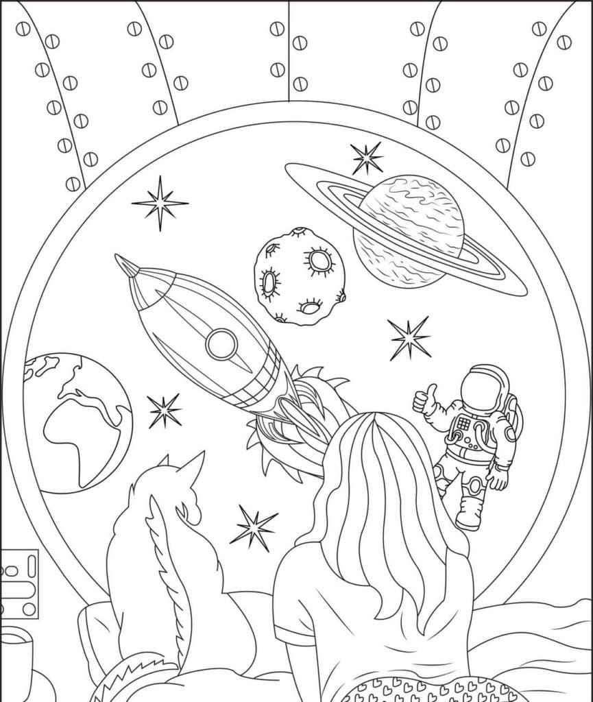 Aestheics Girl, Cat and Space Coloring Page