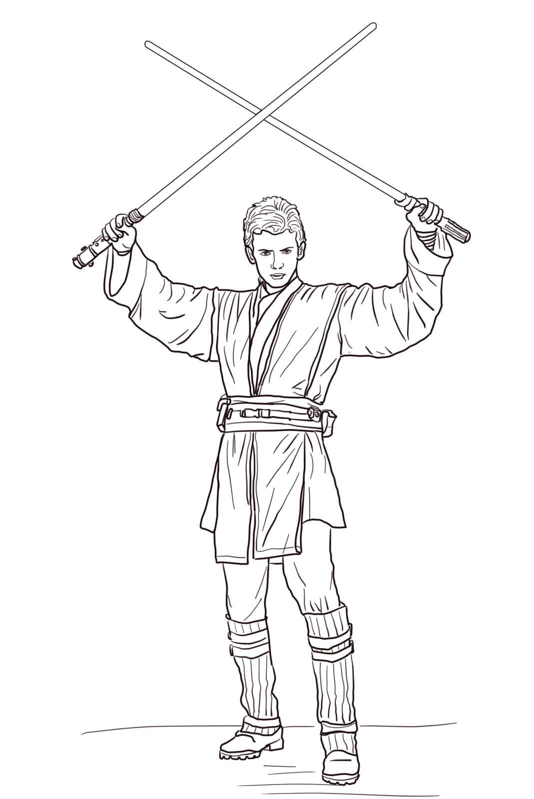Anakin Skywalker With Lightsabers Star Wars Episode II Attack Of The Clones Coloring Page