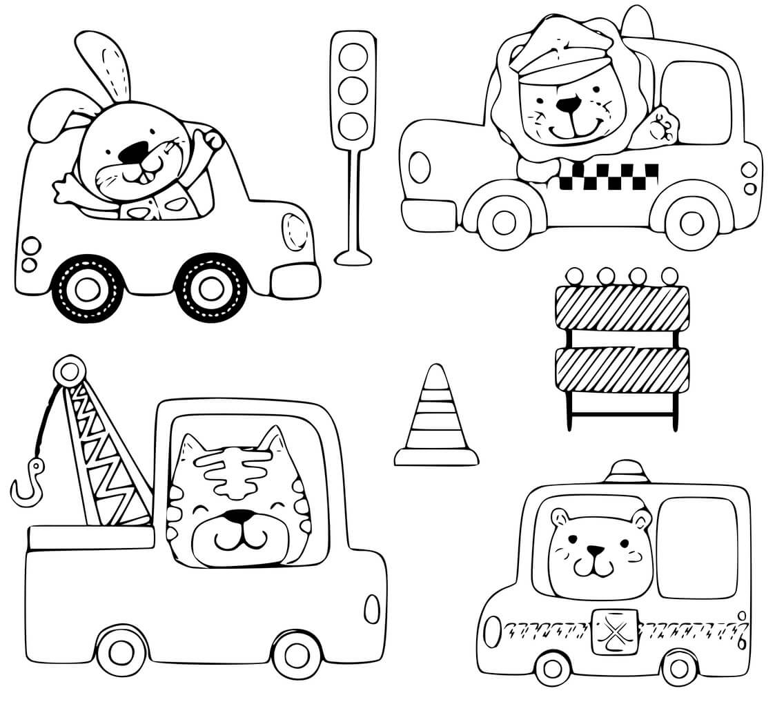 Animals Driving Vehicles Taxi Motor Ambulance Construction Coloring Page