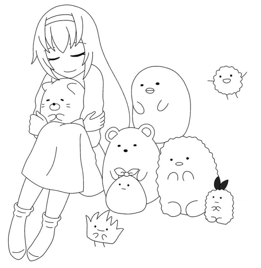 Anime Girl and Sumikko Coloring Page