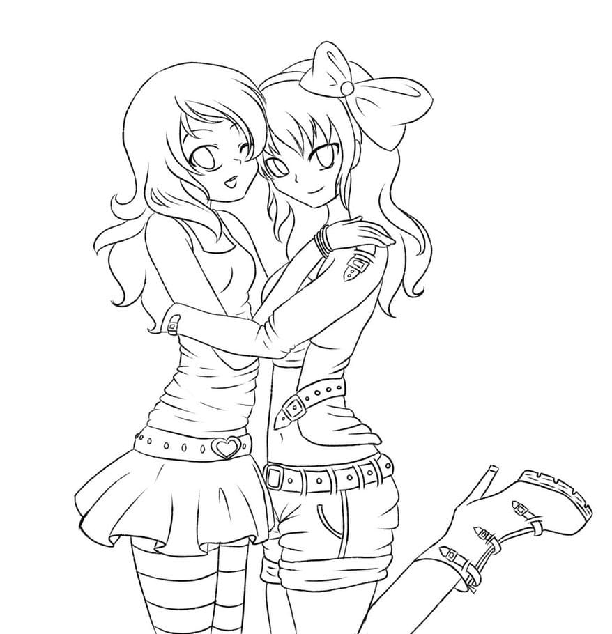 Anime Girls Best Friends Coloring Page