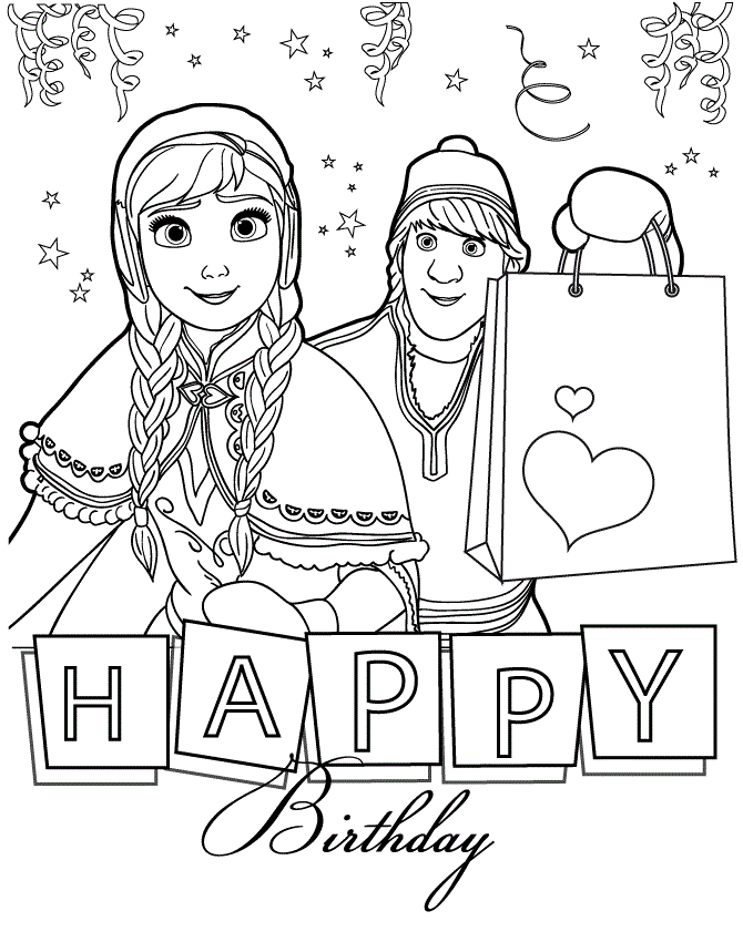 Anna And Kristoff Happy Birthday Colouring Page