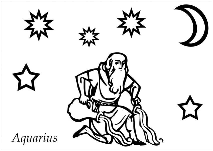 Aquarius With Moon And Stars Cool Coloring Page