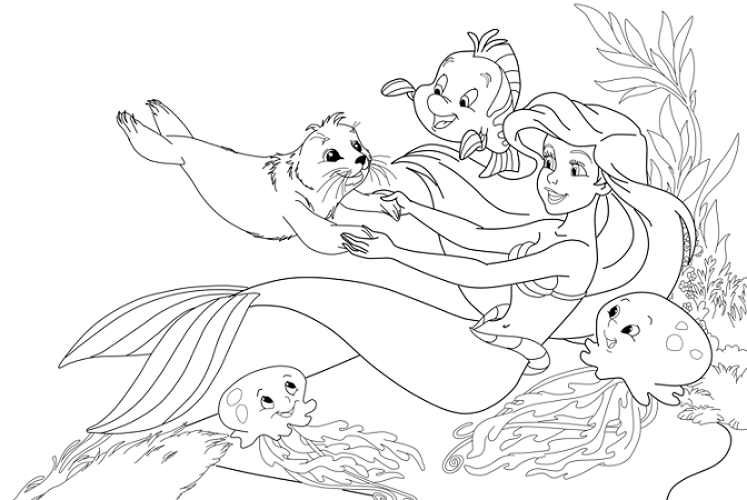 Arile Playing With Animal Friends Little Mermaid S5321 Coloring Page