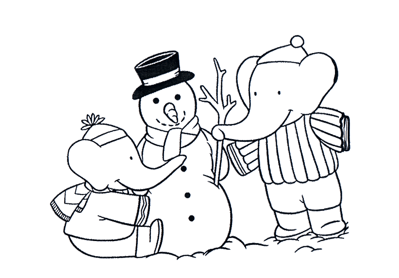 Babar Making Snowman Free Cartoon S0993 Coloring Page