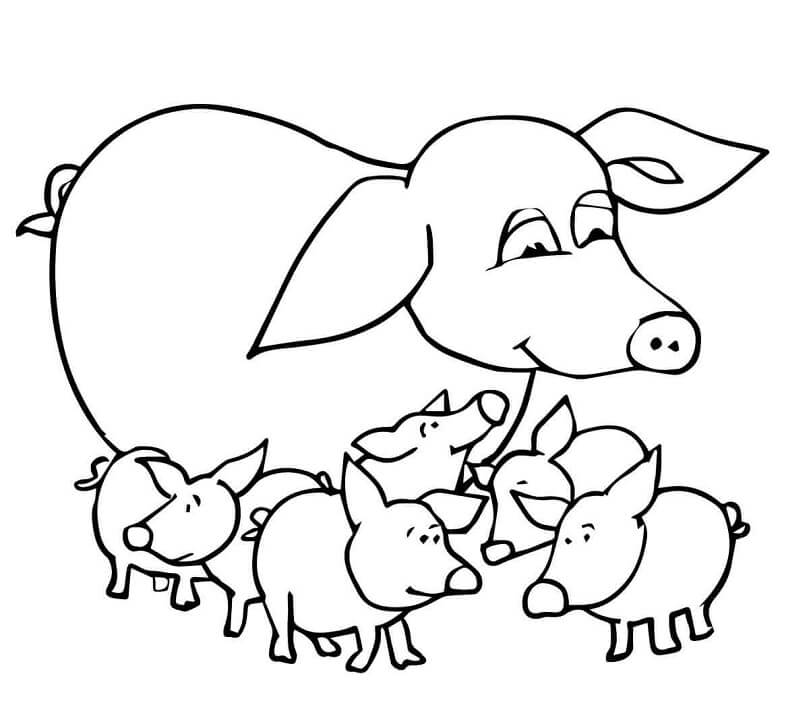 Baby Pigs and Mother Coloring Page
