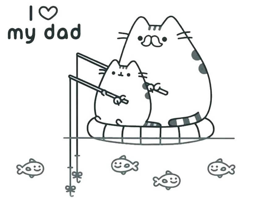 Baby Pusheen Fishing with Dad Coloring Page