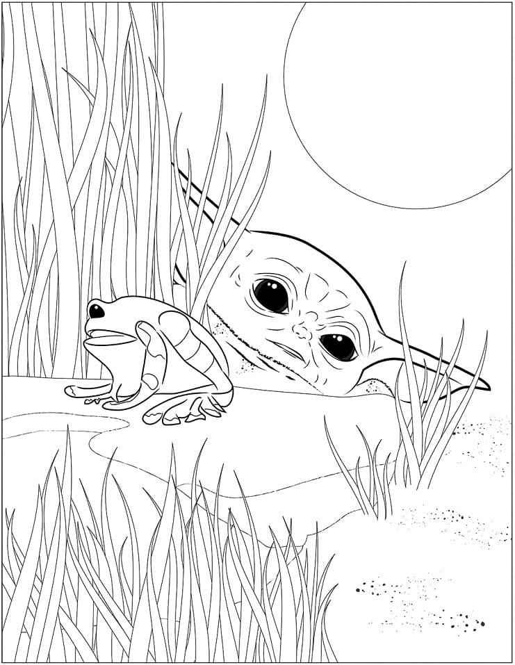 Baby Yoda and Frog Coloring Page