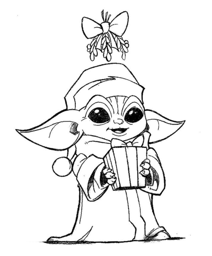 Baby Yoda and Gift Coloring Page