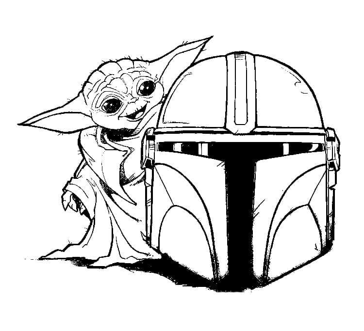 Baby Yoda and Helmet Coloring Page